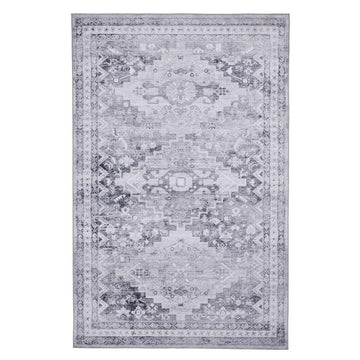 Topaz H1265 Traditional Vintage Distressed Medallion Border Lightweight Printed Chenille Polyester Flatweave Light Grey/Charcoal Grey/Ash Grey/Cream/Ivory/Taupe Beige Rug-Think Rugs-Rug Love - The Most Loved Rug Store